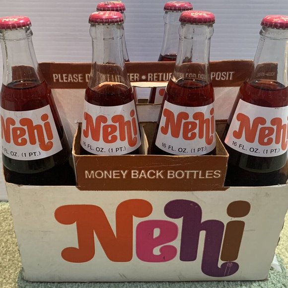6 Old 1970’s Cherry Nehi Soda Full Bottles + Holder 16 Ounce Glass Pop 12 Pounds - Picture 1 of 5